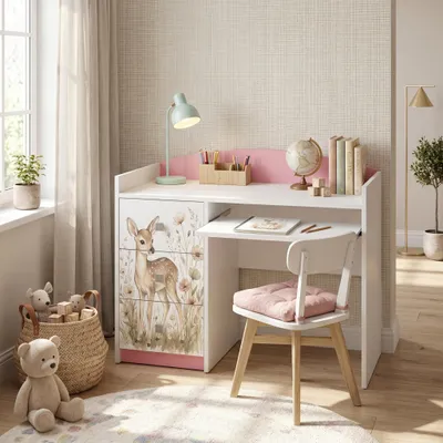Produktbild von Schreibtisch Rosa für Kinder mit Motiv, Jugendschreibtisch Schülerschreibtisch mit viel Stauraum, PC-Tisch Lerntisch für Mädchen, KI-generiertes Bild