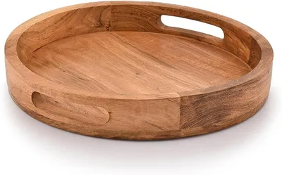 Produktbild von Rundes Akazienholztablett mit Griffen – 30,48 × 30,48 × 4,06 cm – Bar, Wohnzimmer, Tisch – zum Servieren von Getränken/Speisen
