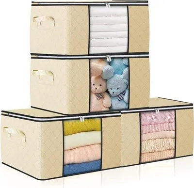 Immagine prodotto di 90L Scatole grandi con coperchio - Confezione da 4 - Maniglia rinforzata - Scatole pieghevoli per traslochi - Finestre trasparenti - Organizzatore di vestiti, piumoni, coperte e valigie