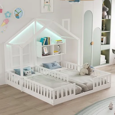 Image de Lit superposé 90x200 cm, avec éclairage LED, avec espace de rangement, avec étagères, avec barrière de sécurité, finition bois naturel