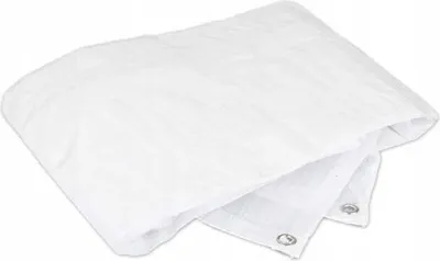 A white tarp folded and lying on a white surface.