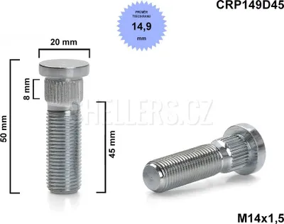 Obrázek produktu pro Kolový svorník - šteft M14x1,5x45 tisícihran průměr 14,9mm, CRP149D45