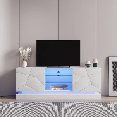 Produktbild von MODFU Lowboard TV-Schrank Hochglanz mit 16-Farb-LED-Erleuchtung, Lange 160cm Fernsehtisch Wohnzimmerschränke TV-Möbel TV-Regal mit Verstellbare Glasablage für Fernseher bis zu 70 Zoll für Wohnzimmer, Esszimmer und Schlafzimmer, Weiß
