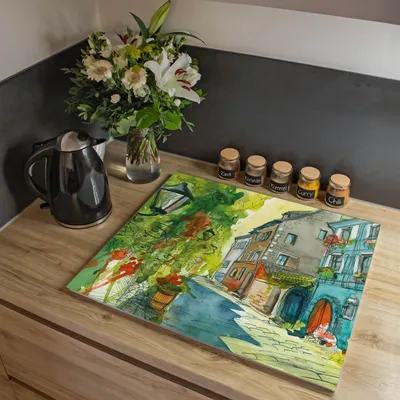 Produktbild von banjado Herdabdeckplatte einteilig 60,x52cm groß mit Gummi Abstandshalter, ESG Sicherheitsglas mit Motiv Historischer Stadtkern [HAP1 11157]