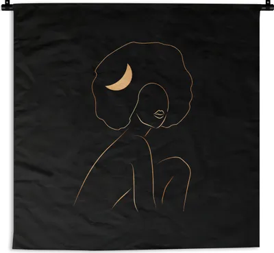 Produktbild von MuchoWow® Wandteppich Wandbehang Frau - Mond - Gold - Strichzeichnung 150x150 cm Tapisserie Dekoration Wandtuch - Wohnaccessoires - Modernes