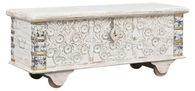 Image de Coffre en bois massif, sculpté, servant également de banc, fabriqué à la main, 116 cm