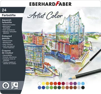 Produktbild von Eberhard Faber 516025 - Artist Color Aquarellfarbstifte in 24 Farben, runde Form, mit bruchsicherer Mine, im Metalletui, für modernes Grafikdesign, feine Zeichnungen und farbstarke Aquarelle