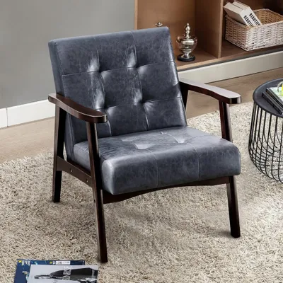 Image de HomeMiYN Fauteuil vintage en bois, simili cuir et chêne, adapté au salon et à la chambre - Gris foncé