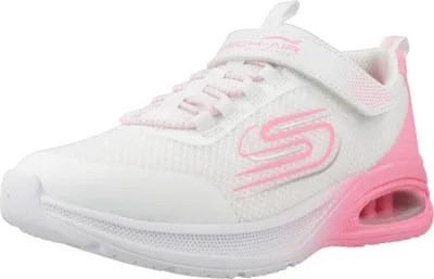 A single white and pink Skechers sneaker is shown from a side angle against a white background.