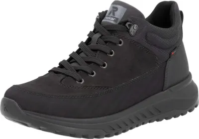 A black Rieker men's boot is shown against a white background.