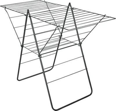 A black metal drying rack on a white background.