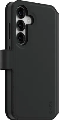 A black phone case with a flip cover is shown from the side.