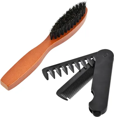 Produktbild von Bartbürsten-Set, 1 Wildschweinborste, 1 Faltkamm, Haar- und Bartstyling, 2-teiliges Set