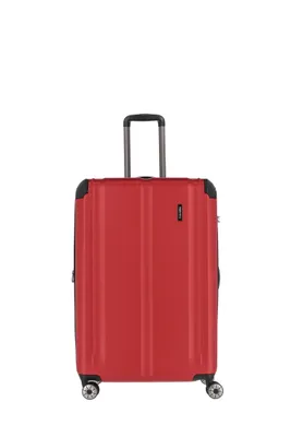 A red trolley suitcase on a white background.