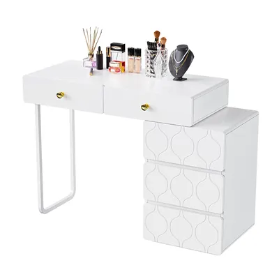 Produktbild von AIORBER Schminktisch mit 5 Schubladen, flexibel montierbar, minimalistisches Wellenmuster, viel Stauraum, modernes Design, Weiß