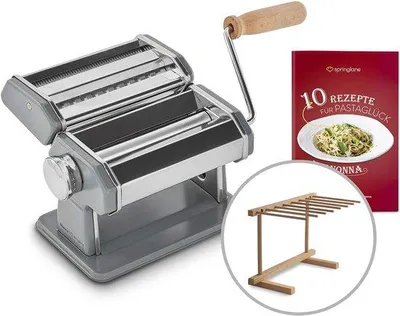 Produktbild von Famanu Nudelmaschine manuell, Edelstahl, Pastamaker inkl. Rezeptbuch, Pastatrockenständer und 3 Schneideaufsätze für Spaghetti, Lasagne, Tagliatelle
