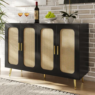Produktbild von MODFU Kommode Sideboard mit Rattan türen, Schrank Buffet für Wohnzimmer, Schwarz