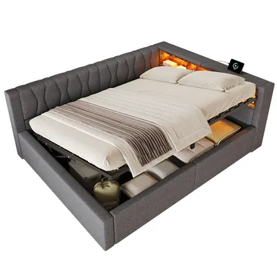 Produktbild von Schlafsofa mit LED-Streifen, Lattenrost, Regal, Rückenlehne, Aufbewahrung, Type-C und USB, 90x200 cm, Polsterbett, Stauraumbett, Tagesbett, Leinen
