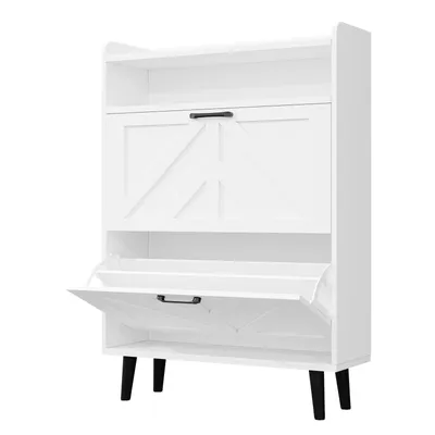 Produktbild von VOWNER Schmaler Schuhschrank mit 2 Klappen, verstellbar & abnehmbar, Holzbeinen, 75 x 24 x 113 cm, Weiss für Eingang/Flur