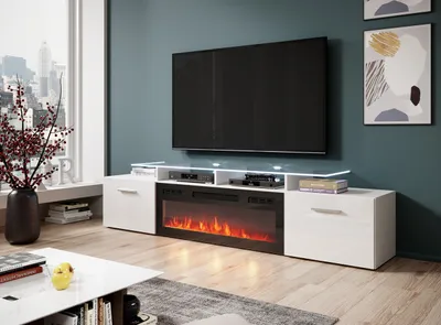 Produktbild von TV - Lowboard Fernsehtisch TV Schrank ROVA mit Kamin weiß 190 x 48 x 37cm