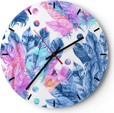 Produktbild von Wanduhr - Rund - Glasuhr - Federn Vögel Bunt Komposition - 30x30cm - Schleichendes Uhrwerk - Lautlos - zum Aufhängen bereit - Dekoration Modern - Wanddekoration aus Glas - C3AR30x30-2945
