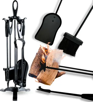 A set of black fireplace tools and burning logs against a white background.