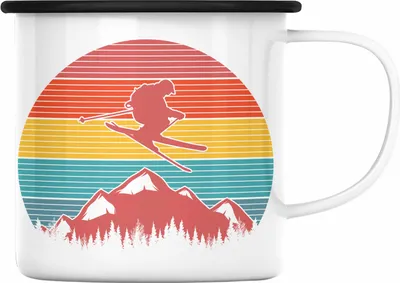 Produktbild von Trendation - Ski Emaille Tasse Geschenk Grafik Geschenkidee Skifahrer Geschenk Winter Berge (Schwarz)