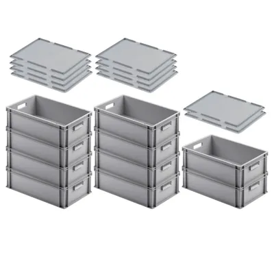 Produktbild von SuperSparSet 10x Eurobehälter mit offenem Griff & Auflagedeckel | HxBxT 17,5x40x60cm | 30 Liter | Grau | Eurobox, Transportbox, Transportbehälter, Stapelbehälter