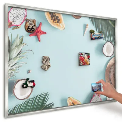 Produktbild von Magnettafel 100x70 cm in einem silbernen Rahmen - Magnetische Metalltafel, Magnetpinnwand zur Wandmontage für Wohnzimmer, Küche, Flur, Kinderzimmer und Büro - Tropenurlaub