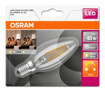 Produktbild von Osram LED Filament Duo Click Leuchtmittel Kerze 4W = 40W E14 klar warmweiß 2700K per Lichtschalter DIMMBAR