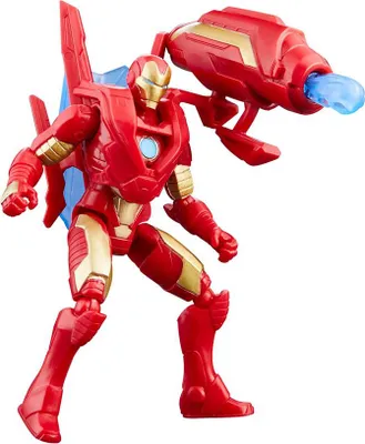 A red and gold Iron Man action figure with a blue jetpack and a red blaster with blue energy coming out of it.