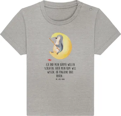 Produktbild von Mr. & Mrs. Panda  T-Shirt Pinguin Mond 12. - 18. Monat - Heather Grey - Geschenk, Kleinkind, Neugierig, Spruch, Babyshirt, schlafen, Baby, Süßigkeiten, Shirt, Angel