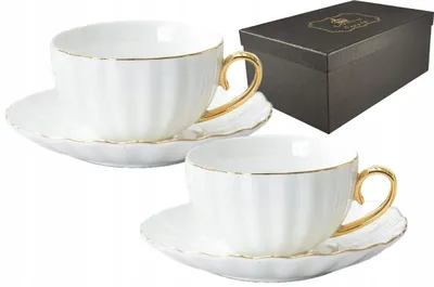 Zdjęcie produktu dla Porcelanowa filiżanka 2szt biała 220ml złoty brzeg elegancja do kawy