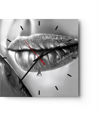 Produktbild von Wanduhr - Quadrat - Glasuhr - Lippen Gesicht weiblich Lippenstift - 30x30cm - Schleichendes Uhrwerk - Lautlos - zum Aufhängen bereit - Dekoration Modern - Wanddekoration aus Glas - C3AC30x30-2266