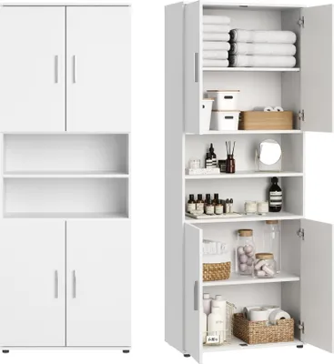 A white storage cabinet with multiple shelves and doors, filled with various household items.