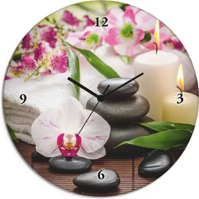 Produktbild von ARTland Glas Wanduhr Funkuhr - schwarzer Zeiger Spa Orchideen Bambus Kerze Größe: 30x30 cm