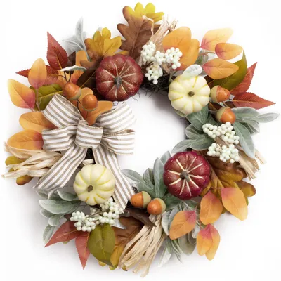 Herbstkranz 45,7 cm mit Kürbissen, Beeren, Tannenzapfen, Schleife