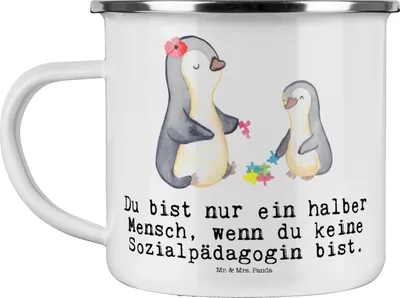Produktbild von Mr. & Mrs. Panda becher emaille Sozialpädagogin Herz - Weiß - Geschenk, Pott, blechbecher, Tasse, Teetasse, Kaffeepott