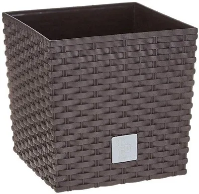 Image de Jardinière à motif rotin - Bac en plastique résistant aux intempéries - Pièce unique - Marron - 17 x 17 x 17 cm.