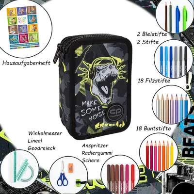 Produktbild von Goldkids - Federmäppchen 3 Fächer - Mäppchen für für Mädchen und Jungen - Federmappe 3-Fach Federtasche  und Hausaufgabenheft - Dinosaurier Motiv