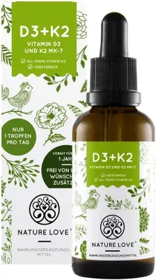 Produktbild von Nature Love® Vitamin D3 + K2 Tropfen | 50 ml | hoch bioverfügbar durch Original K2VITAL® 99,7% All-Trans | in MCT-Öl | hochdosiert