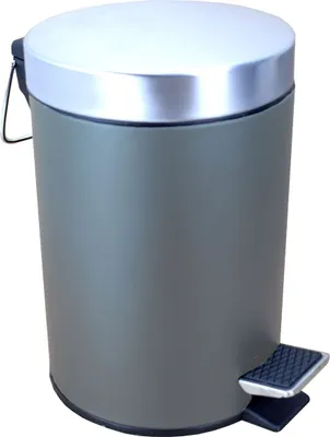 A gray pedal trash can with a silver lid and pedal, shown against a white background.