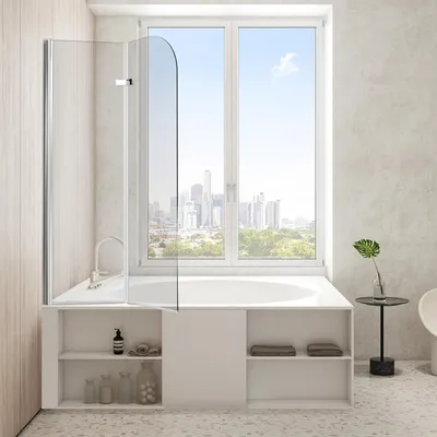 Immagine prodotto di Pannello doccia Vigevee per vasca da bagno, 100 x 140 cm, composto da 2 elementi pieghevoli per vasca, realizzato in vetro temperato di sicurezza da 6 mm, orientabile a 180°, colore argento trasparente