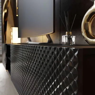 Produktbild von TV Schrank PALERMO 195 cm gefräste Front schwarz Hochglanz gold Beine Lowboard Unterschrank MÖBEL BERLIN