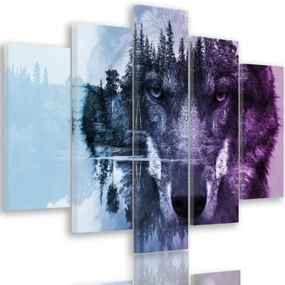 Produktbild von 5-teiliges leinwandbild wolf in einem wald - lila 100x70 cm Feeby lila wandbild bereit zum aufhängen