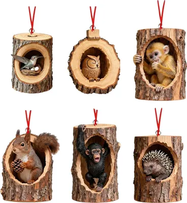 A collage of six Christmas tree ornaments, each featuring a different woodland animal inside a log.