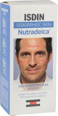 A product box for Isdin Nutradeica seborrheic skin gel-cream for the face.