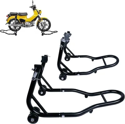 Productafbeelding van Verstelbaar montageframe van staal, motorfietssteunset, draagbare montageframes voor voor- en achterkant, motorfietsmontageset, motorfietslift voor reparatie, onderhoud en montage, zwart