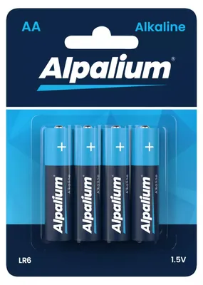 A package of four AA alkaline batteries from Alpalium.