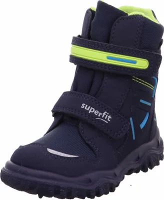 A single blue winter boot for children, shown from the side against a white background.